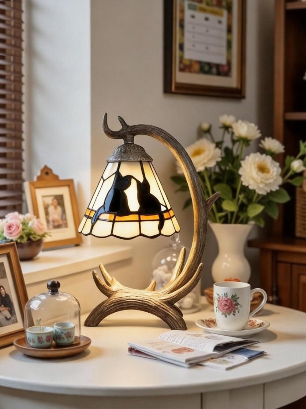 Tiffany Black Cat Stained Glass Lamp Cute Gothic Boho Nightlight